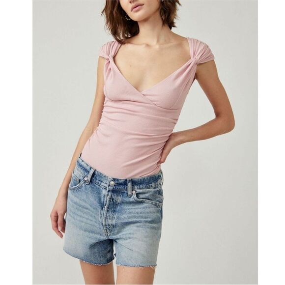 Free People Tops - NWT Free People Another Love Stretchy Ribbed Thong Vneck Bodysuit Silver Pink XS